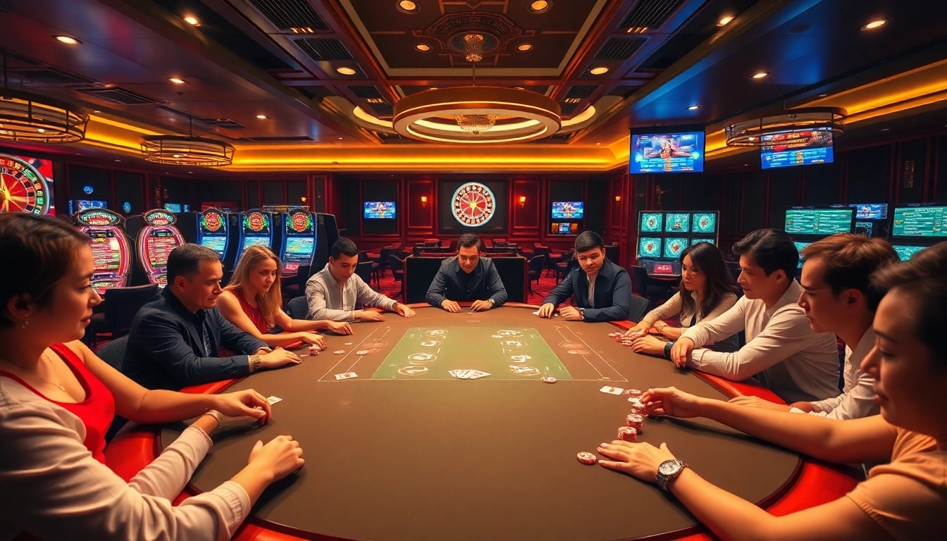 Players enjoying an exciting casino experience at 33win with poker chips and vibrant slot machines.