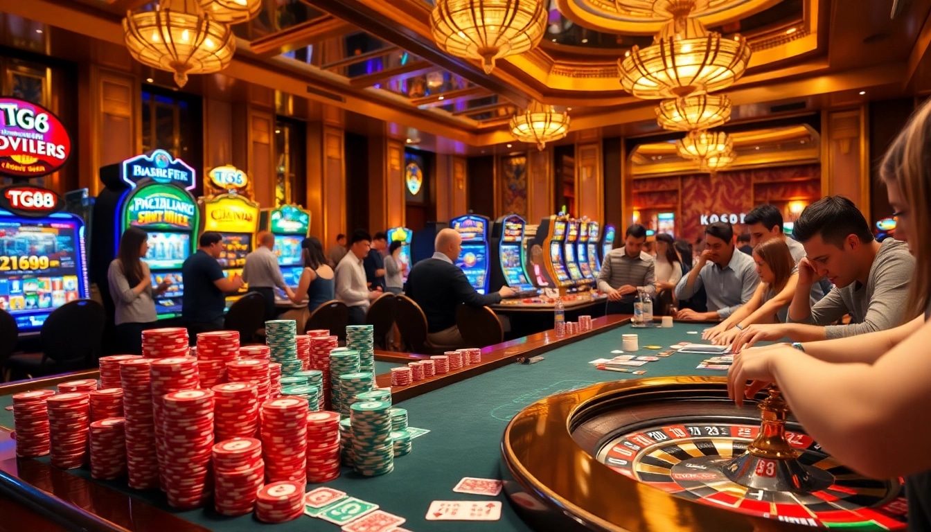 Experience premium gaming with TG88, showcasing vibrant casino tables and exhilarating players.