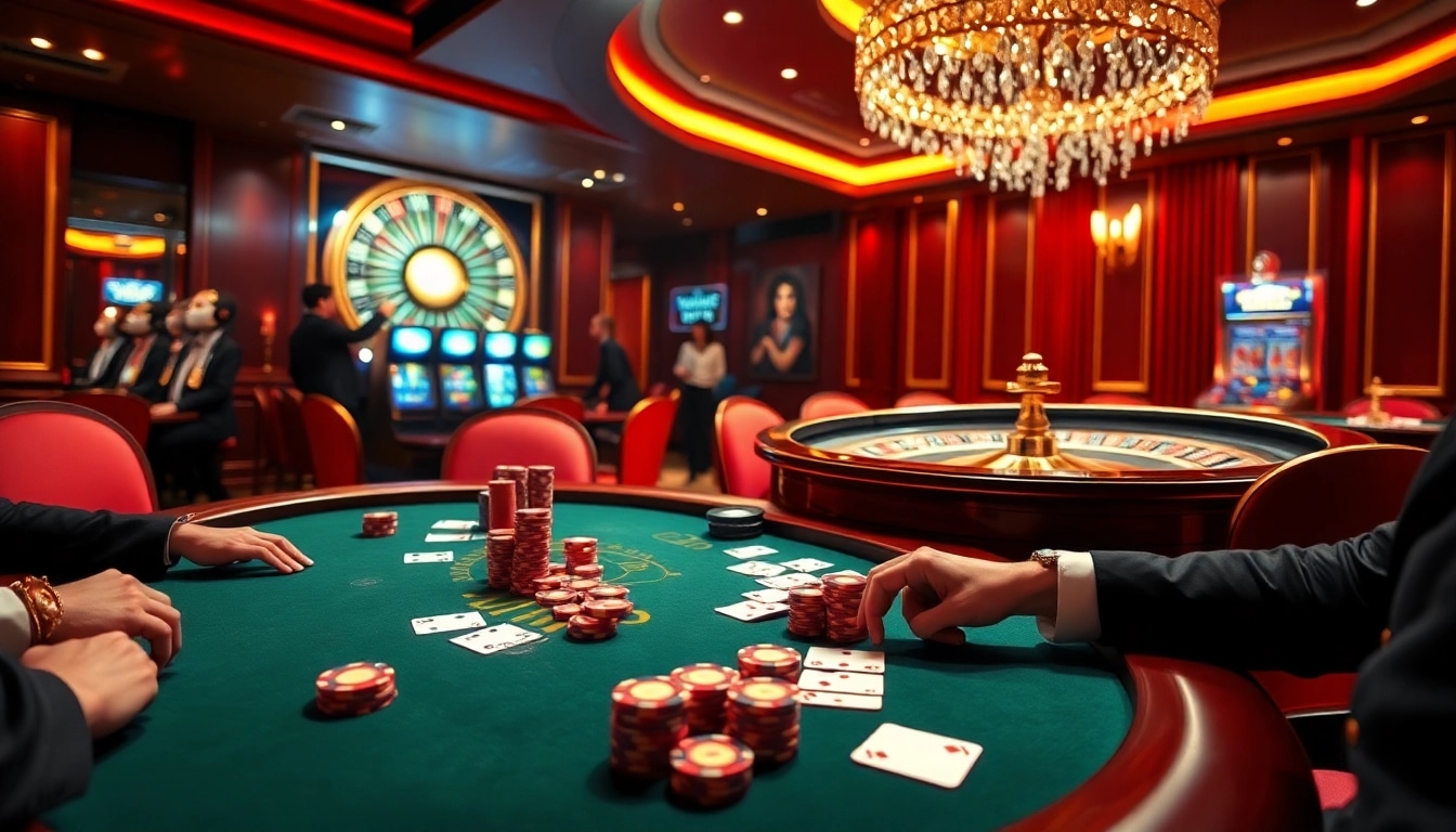 Engaged players at a luxurious poker table experience excitement with Vaobet in a vibrant casino setting.