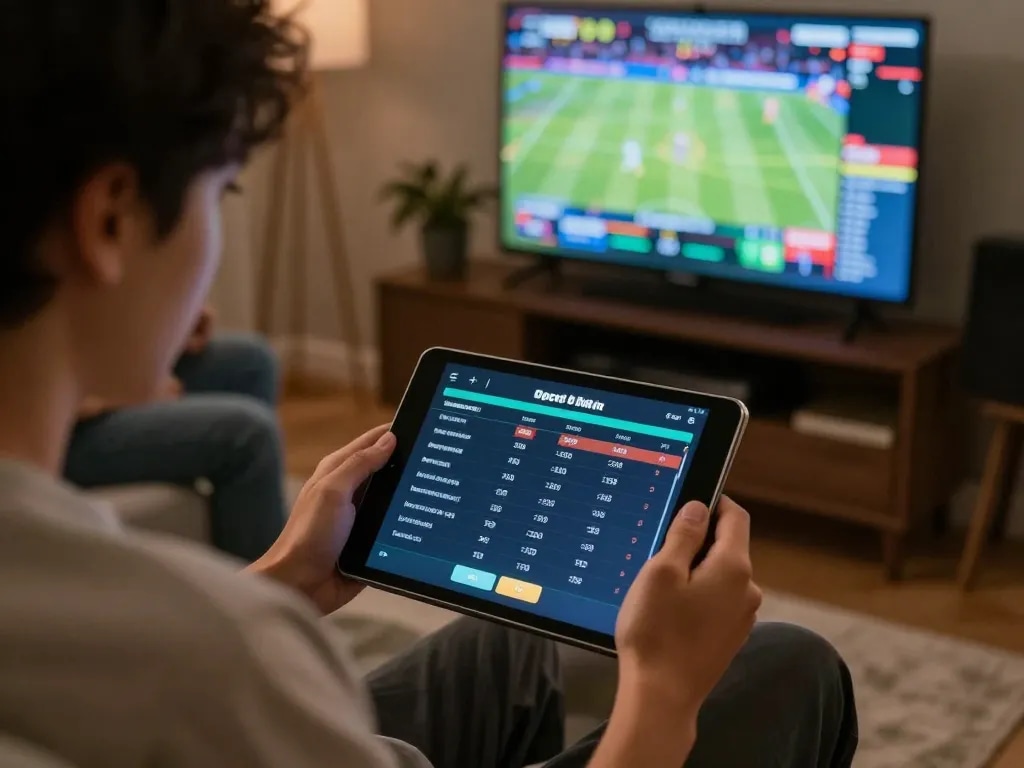 Engaging sports betting at open88 com, person using tablet for real-time game predictions and analysis.