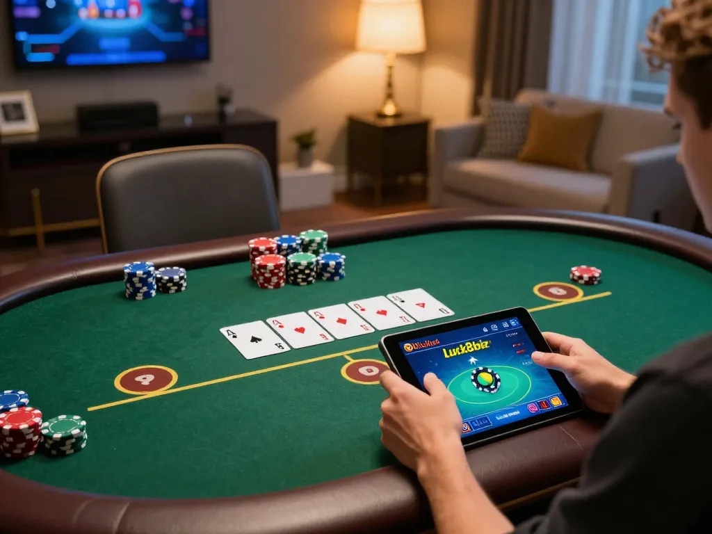 Player enjoying poker online at home using Luck8biz tablet interface.