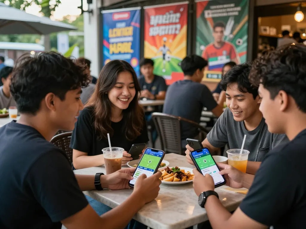 Exciting kèo nhà cái discussion at a lively café with friends, showing live betting apps and sports excitement.