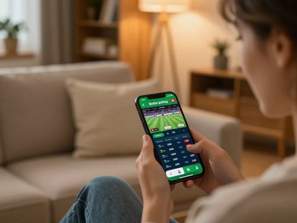 Betting on sports with tylekeonhacai88 app in a cozy home environment, capturing deep engagement in responsible gambling