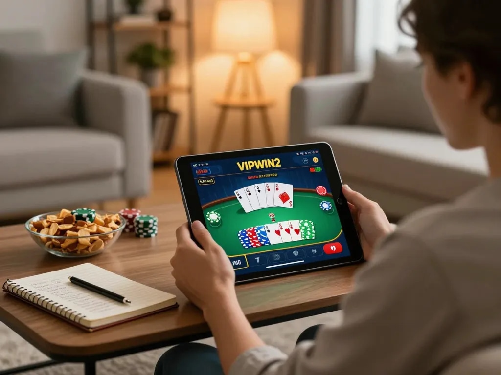 Player engaging with the VIPWIN2 app on a tablet in a cozy living room, showcasing online gambling strategy.