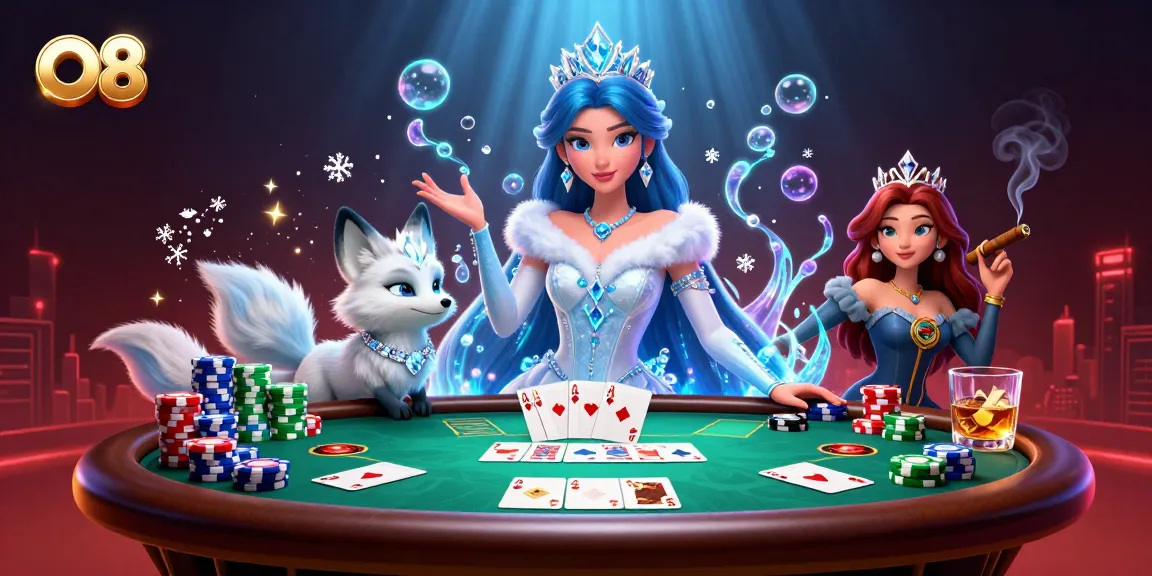Experience exhilarating O8 poker action with vibrant characters and a stunning casino scene.