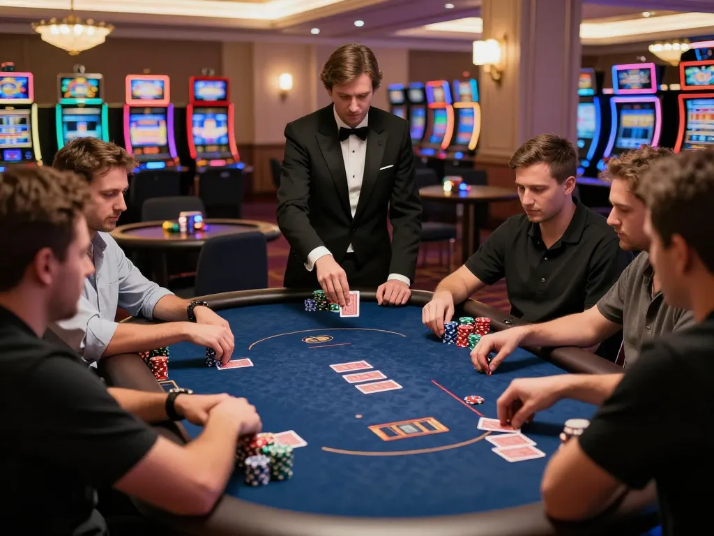 Players engaging at a poker table with chips in front, showcasing strategic gameplay at https://777x.bid/ casino