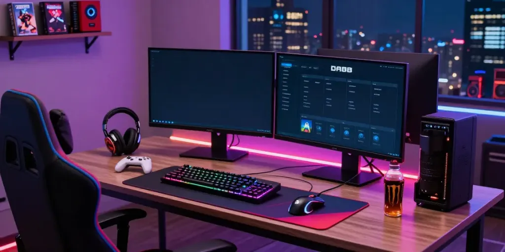 Exciting DA88 online gaming setup showcasing a vibrant dual-monitor display and gaming accessories.