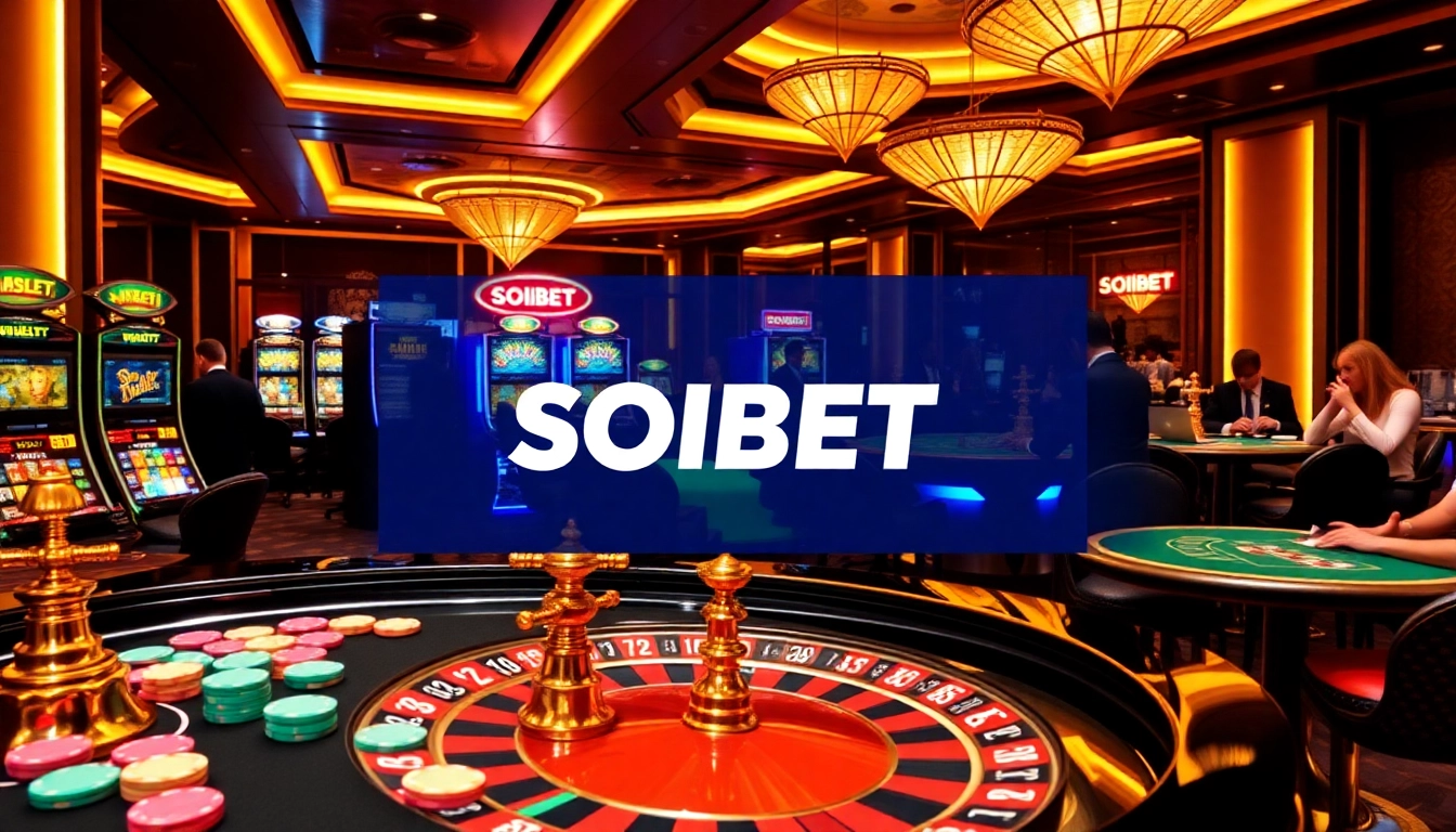 Exciting casino scene with SOIBET branding featuring roulette and poker tables, capturing vibrant gambling atmosphere.