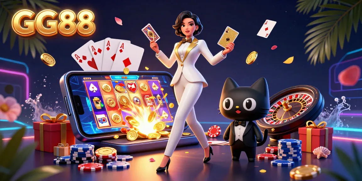 Experience the thrill of GG88 with a glamorous woman, poker chips, and game elements in a vibrant casino scene.