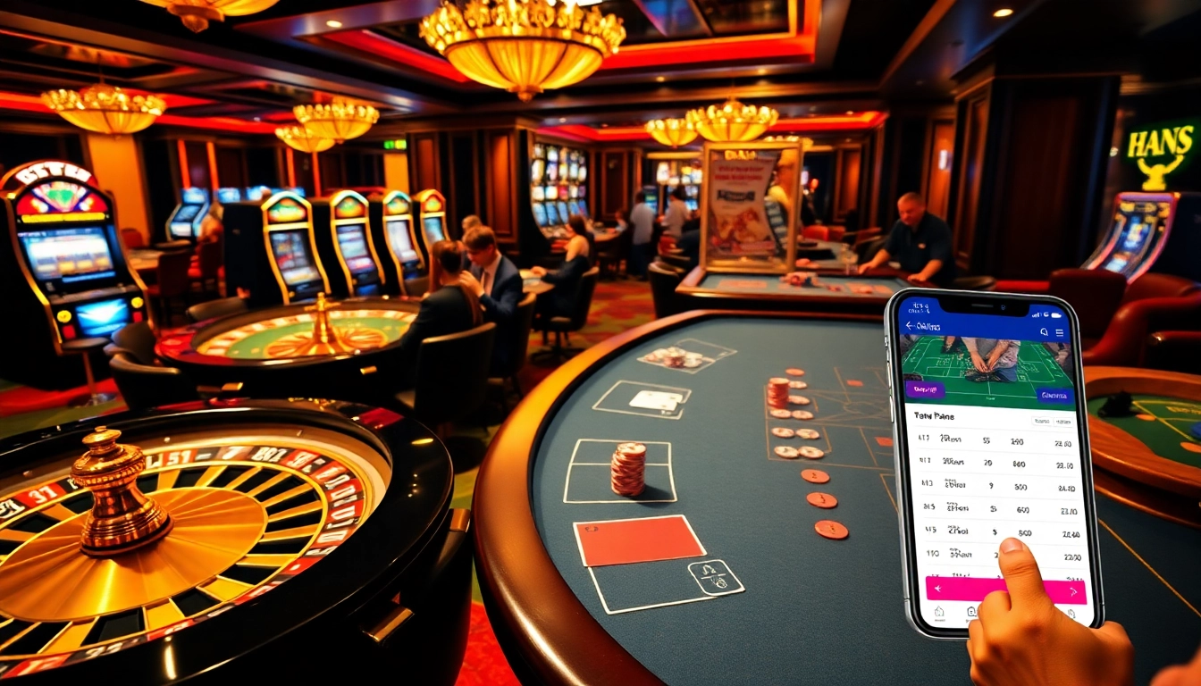 DAGA players strategizing at an elegant casino table amidst vibrant slot machines.
