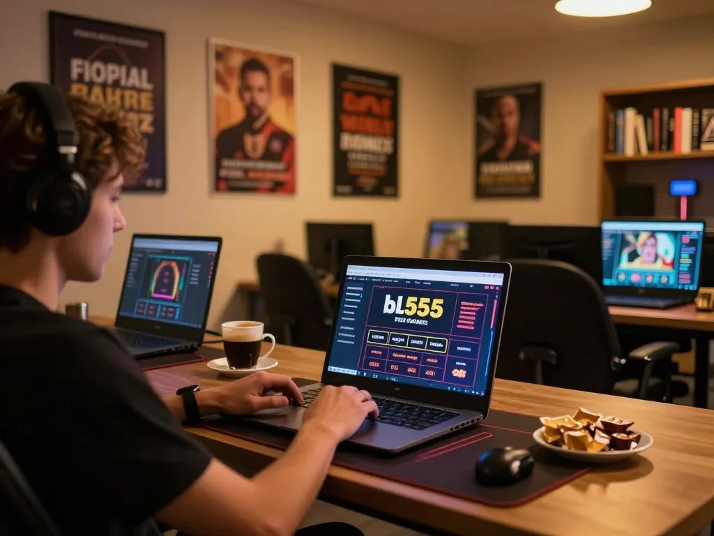 Engaging scene of a user playing at bl555 online casino with strategic notes and a cozy atmosphere.