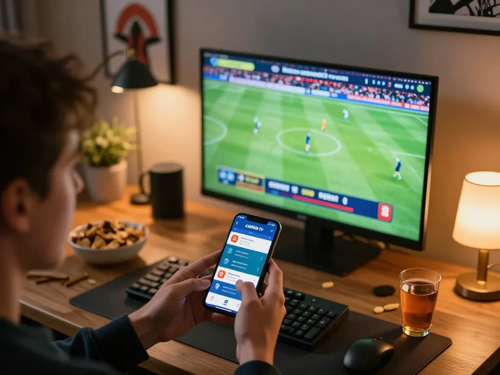 Engaging moment of betting on cakhia tv with mobile app during a live football match