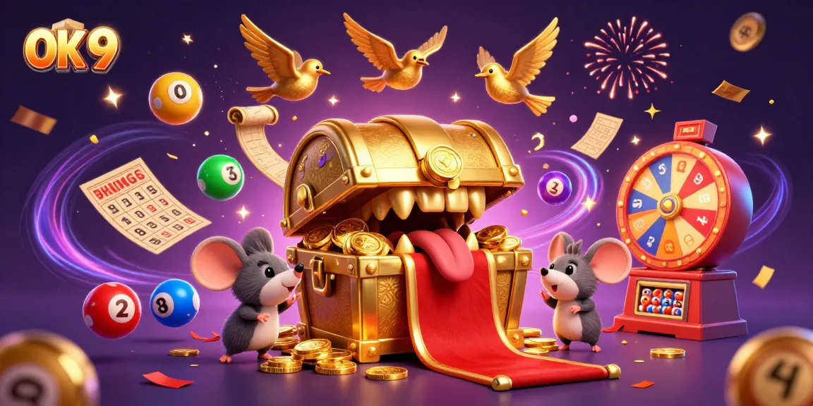 Engage with OK 9's vibrant casino illustration showcasing immersive lottery elements and action.