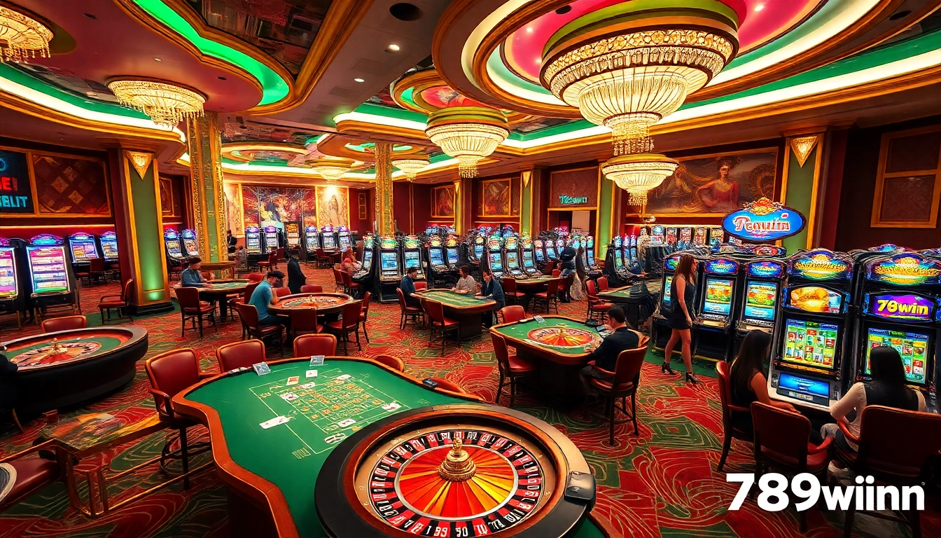 Excited players at a luxurious casino gaming floor featuring 789win branded tables and slot machines.