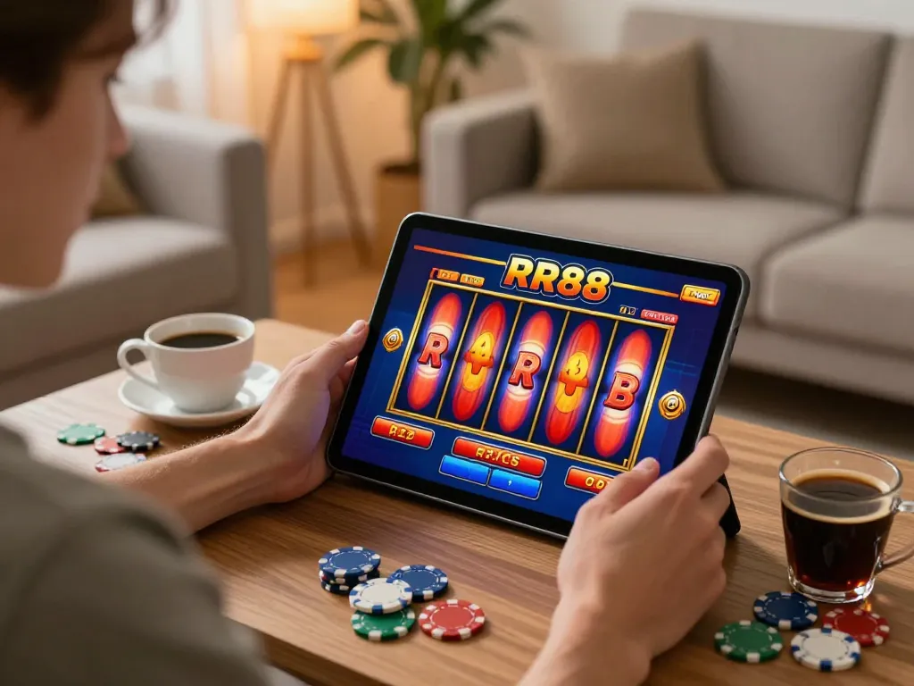 Engaged player enjoying RR88 online casino gaming on a tablet with colorful slots showing.