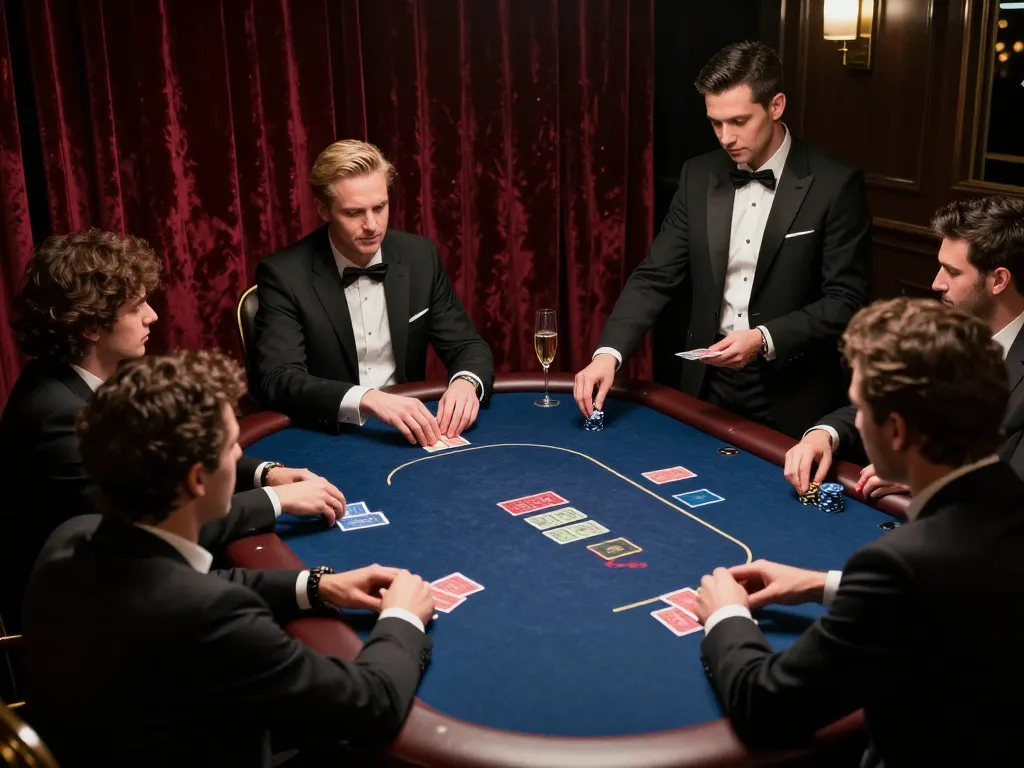 Engaging poker night scene at 789bet vip, showcasing high-stakes gameplay with players in elegant attire.