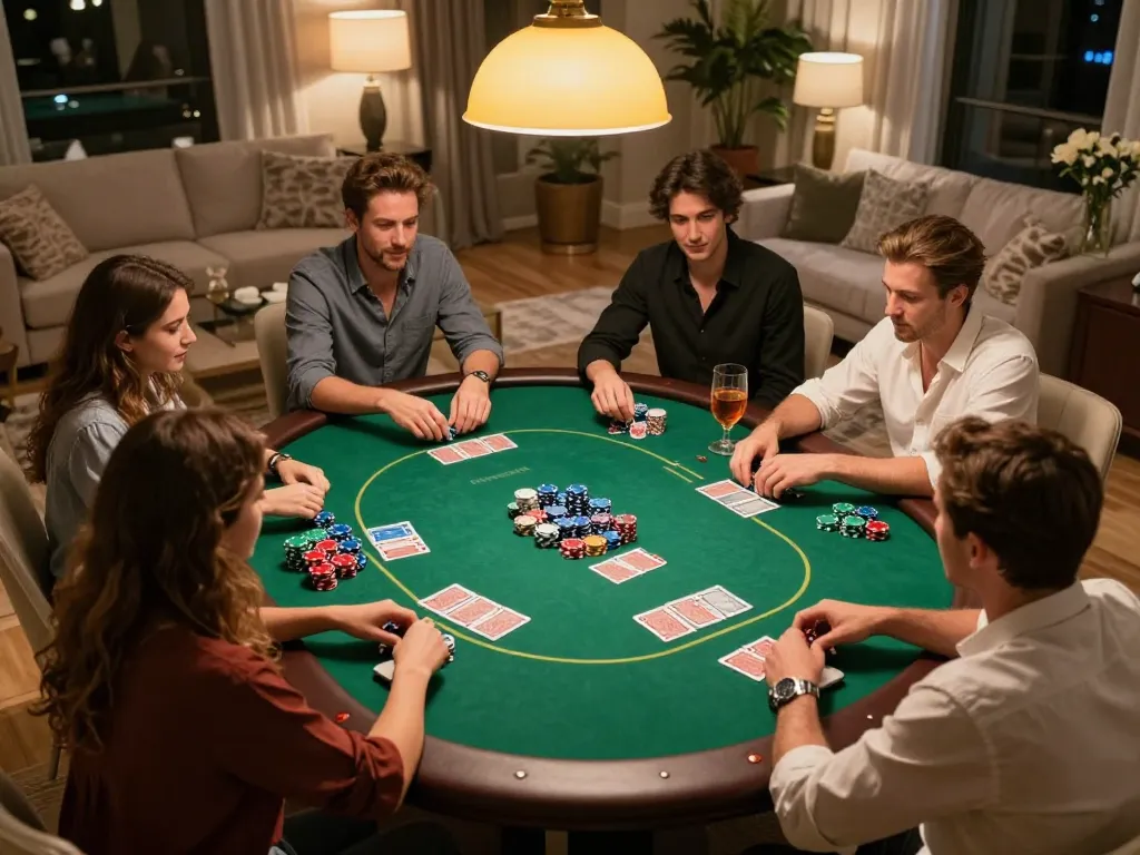 Friends strategizing in an engaging u888 poker game night, vibrant chips and cards featured prominently.