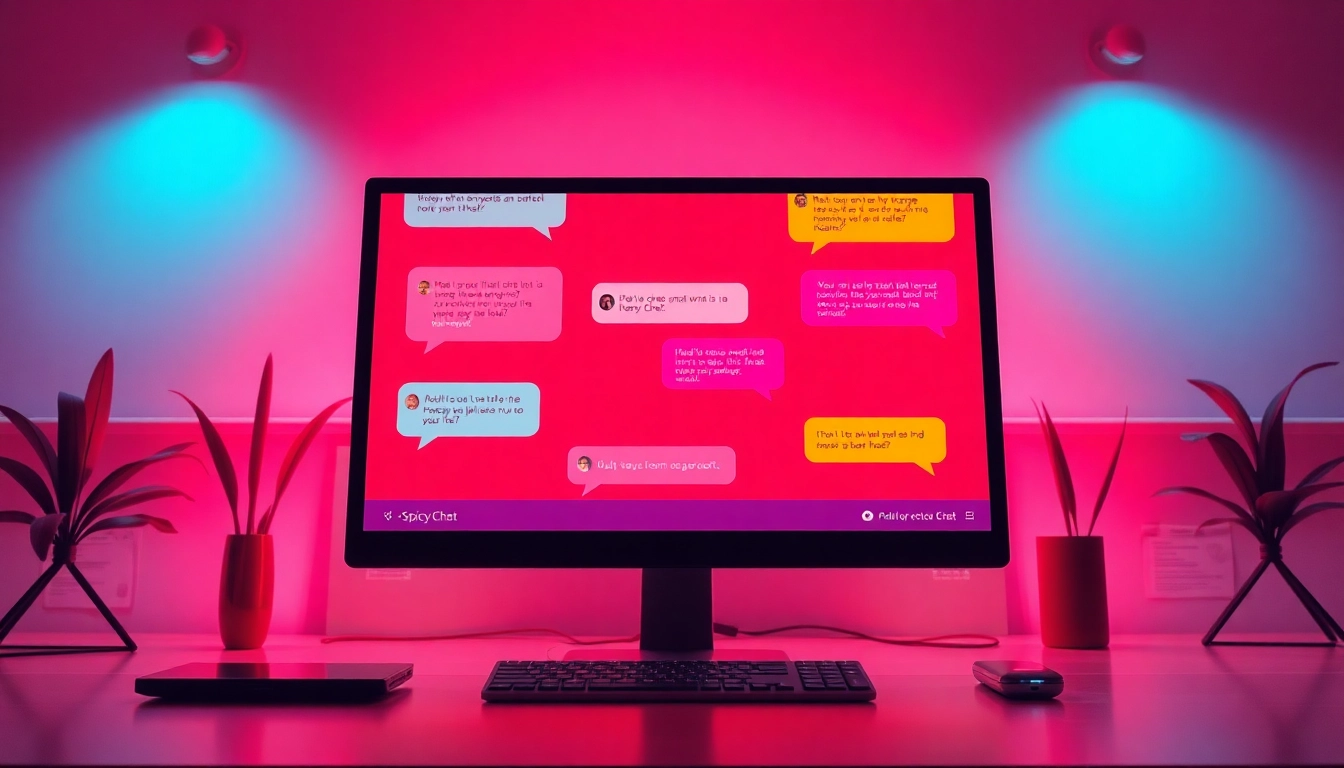 Engaging 'spicy chat' digital scene with colorful chat bubbles, warm tones, and modern tech elements.