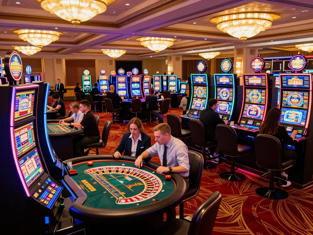Players enjoying vibrant slot machines and roulette games at a lively casino atmosphere on c168.com