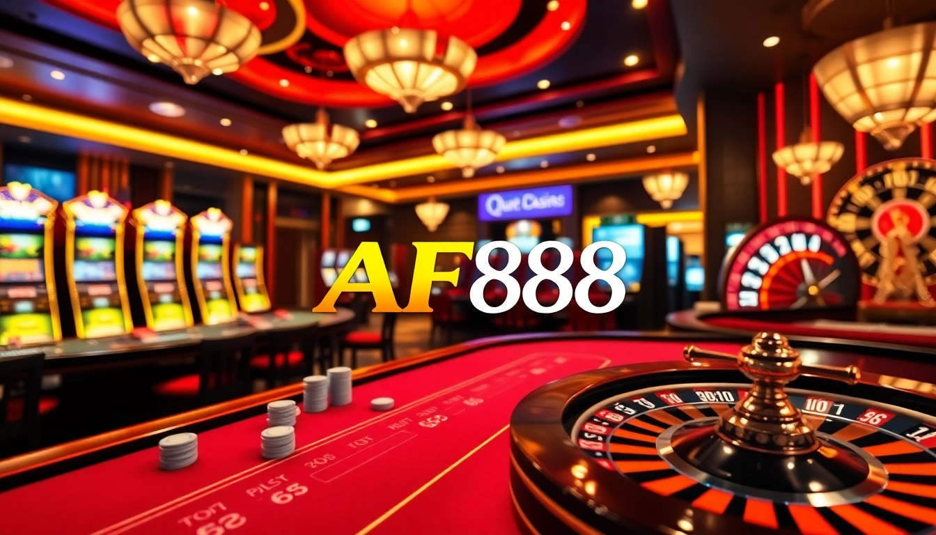 Engage with the exciting world of online gambling at AF88, featuring immersive casino tables and vibrant slot machines.