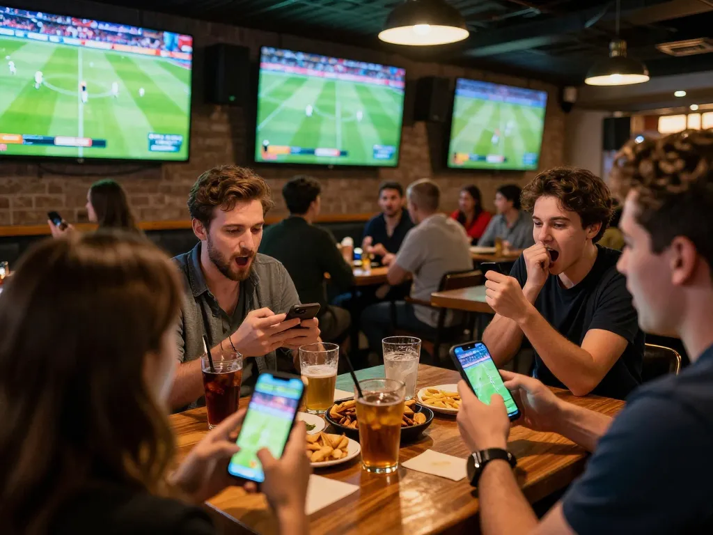 CakhiaTV sports betting scene with friends cheering and using mobile apps during a football match.
