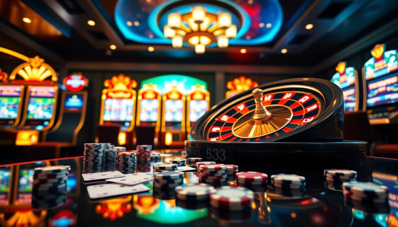 Experience bk33's thrilling online casino action with vibrant slot machines and a roulette wheel.