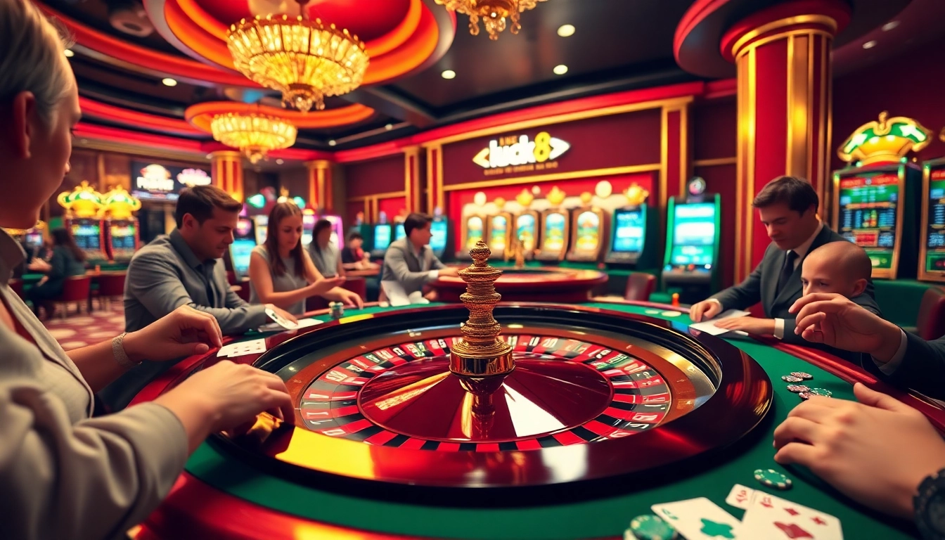 Experience the excitement of luck8 with engaging players at a roulette table in a vibrant casino.