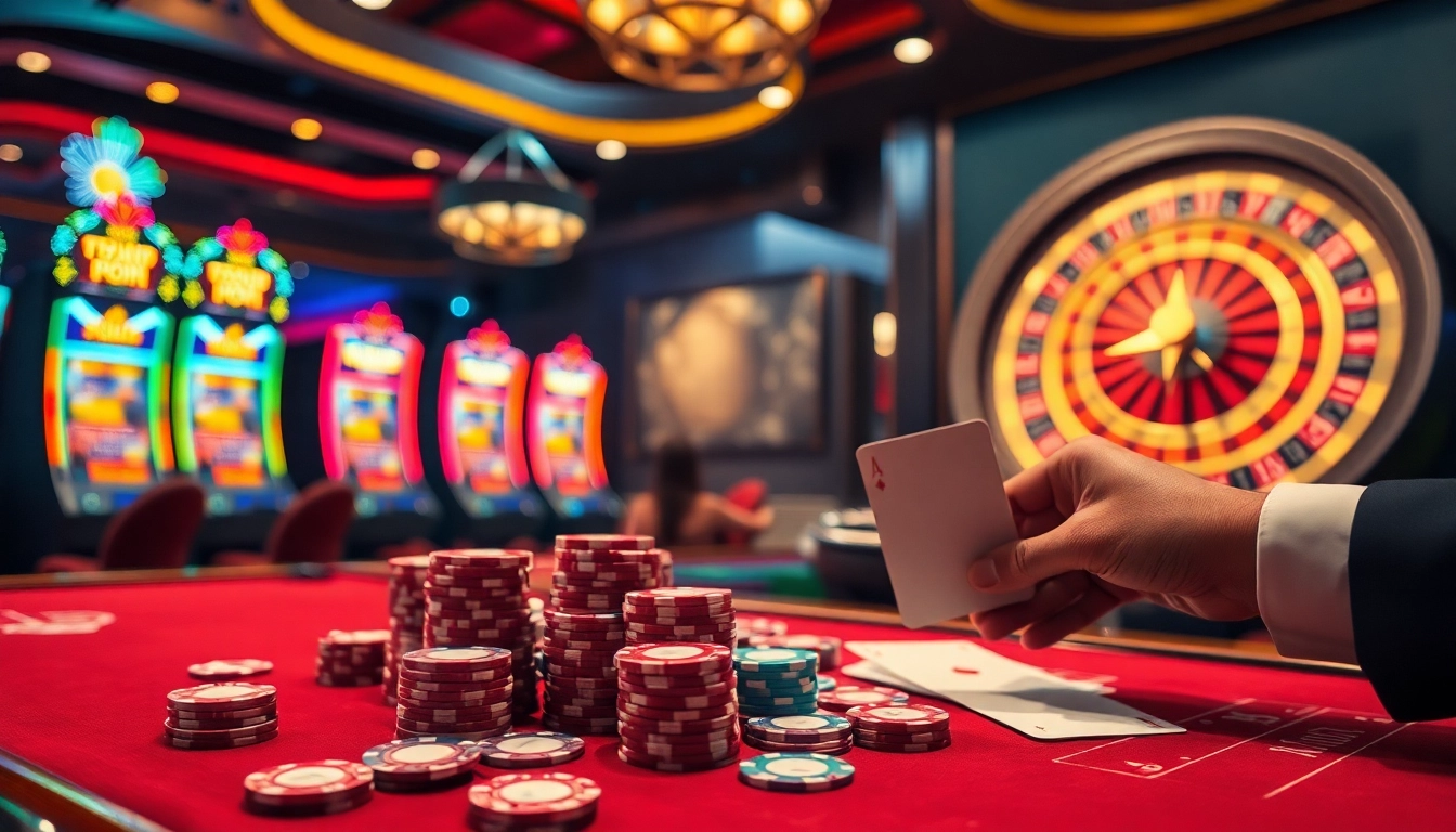 Nohu90 gaming action featuring a luxurious casino table filled with poker cards and vibrant slot machines.
