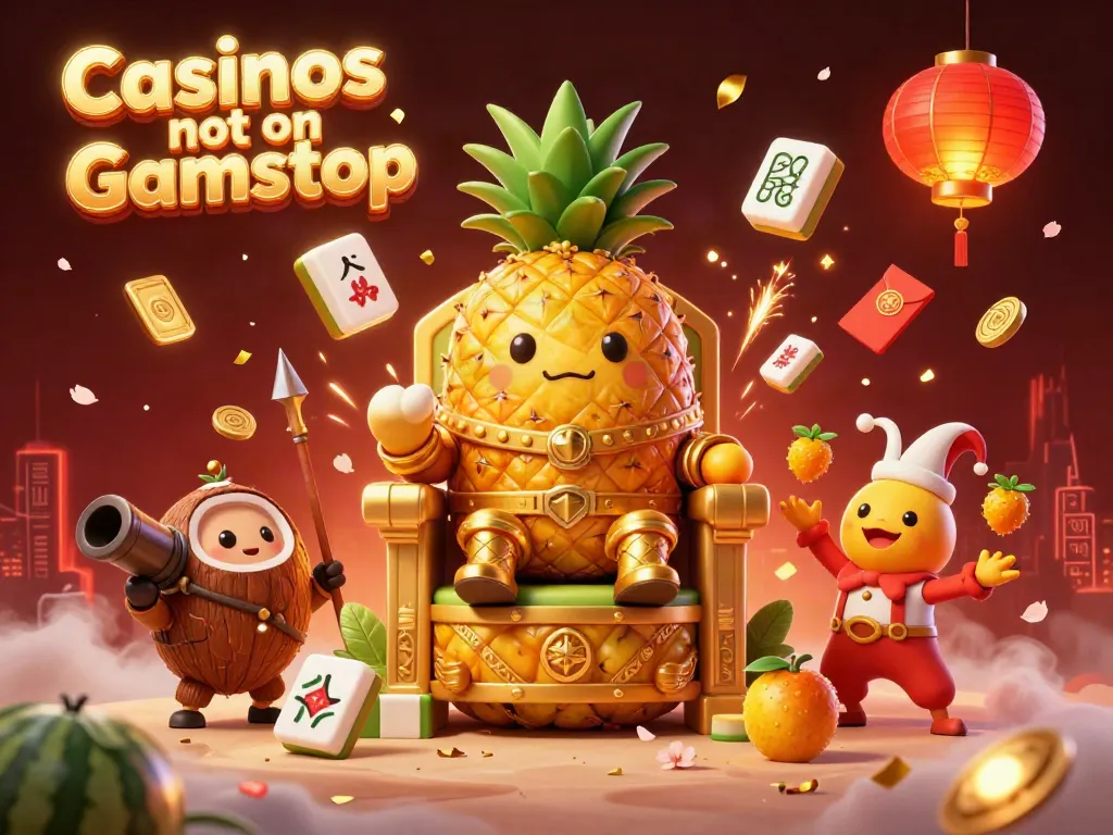 Experience vibrant gaming adventures at Casinos not on Gamstop with a golden pineapple king and festive elements.