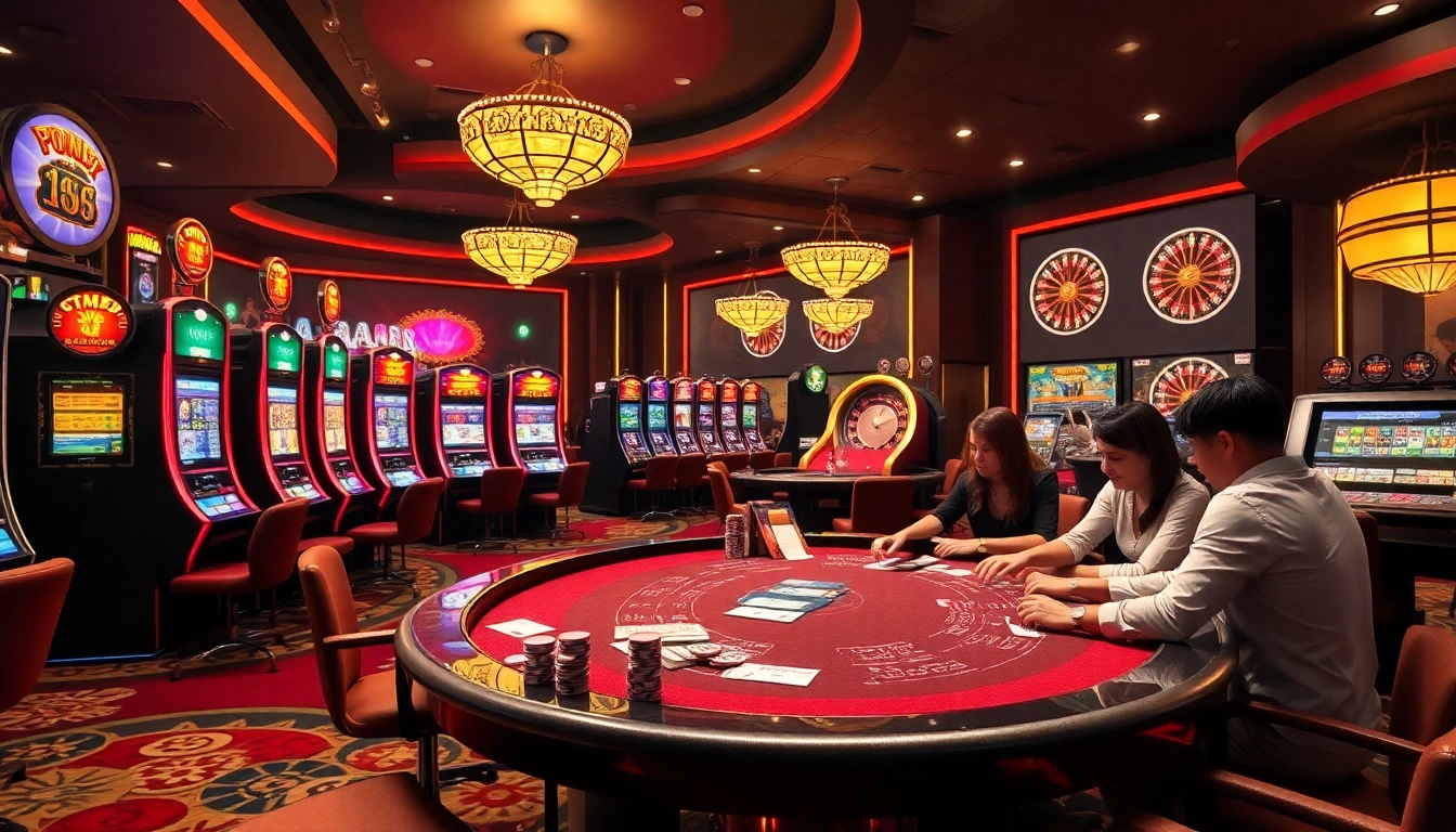 Engaging scene of excitement at https://cm888.mobi/ with players enjoying poker and vibrant slot machines.