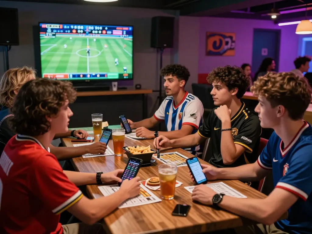 Friends enjoying the thrill of gambling at a rikbet betting lounge with live sports displayed.
