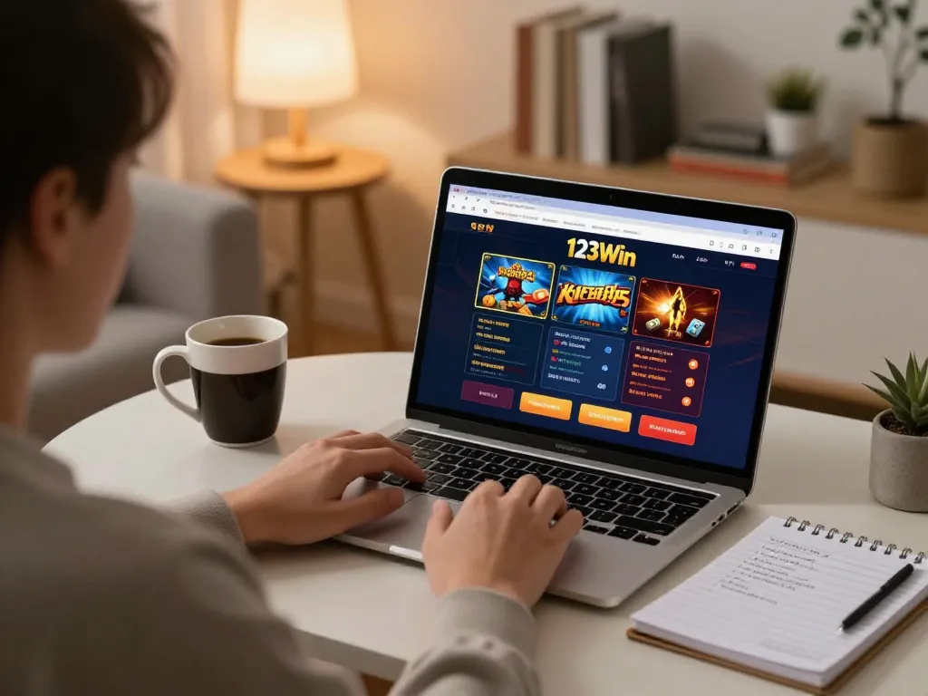 Engaging player enjoying 123Win online casino games in a cozy home setting.