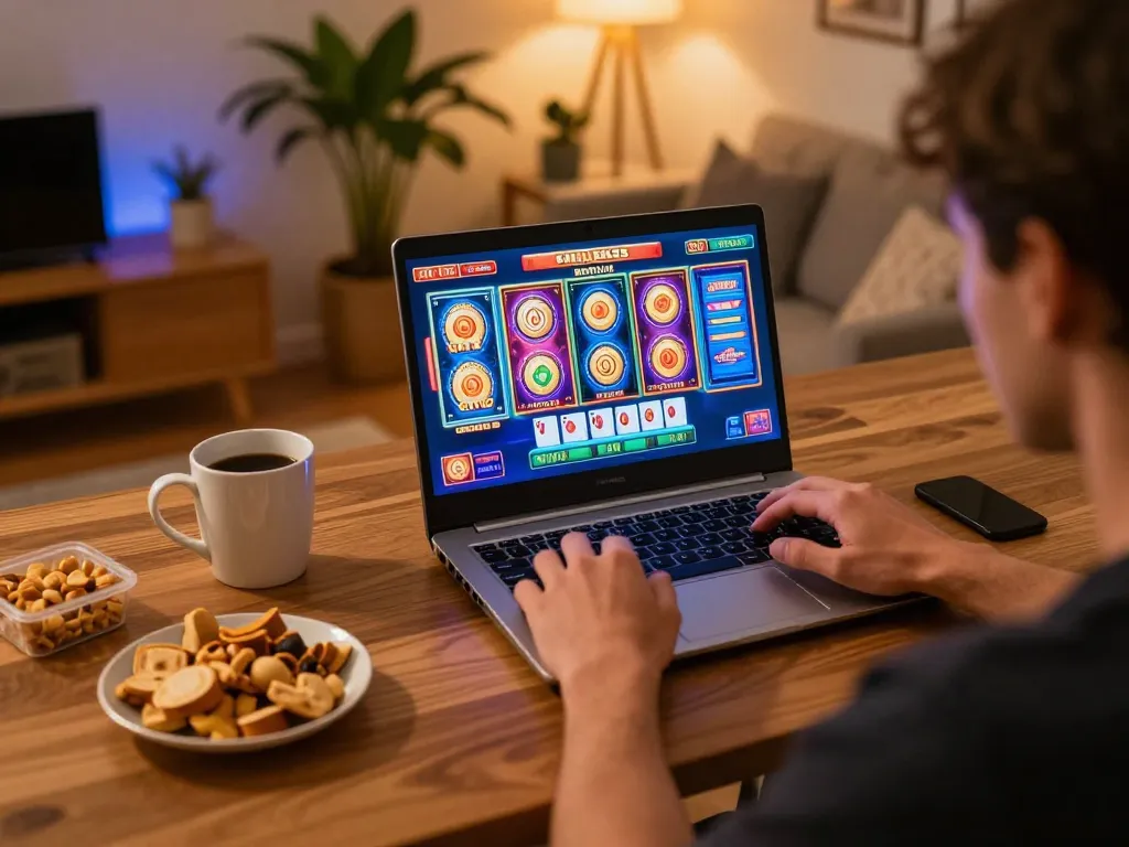 Player enjoying gi88 online casino games on a laptop in a cozy home setting with snacks
