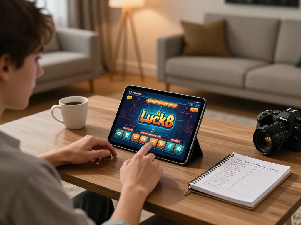 Luck8 player engaging with mobile casino games on a tablet in a cozy home environment.