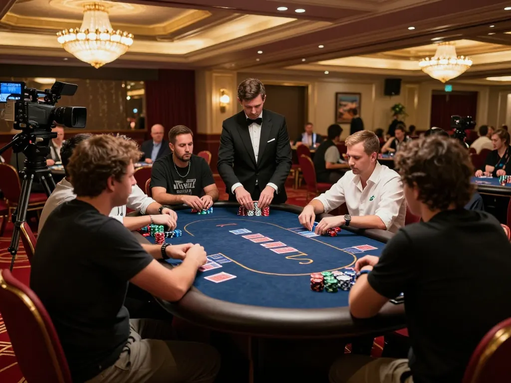 o8 players engaged in intense poker strategy at a luxurious casino table
