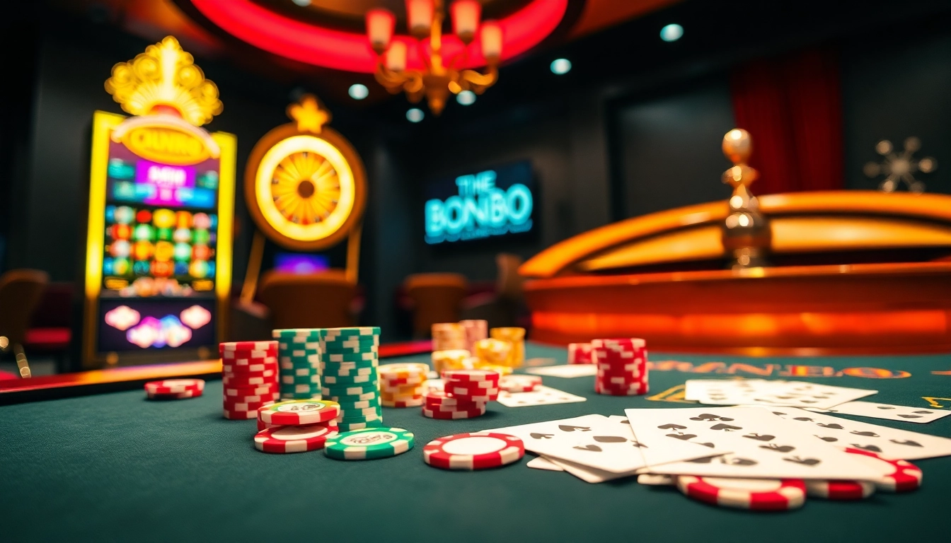 Exciting gambling action at a Bong88-themed casino table with poker chips and cards.