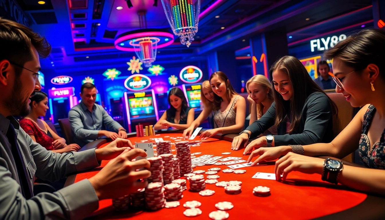 Players experiencing thrilling poker action at FLY88 casino with vibrant decor and luxurious ambiance.