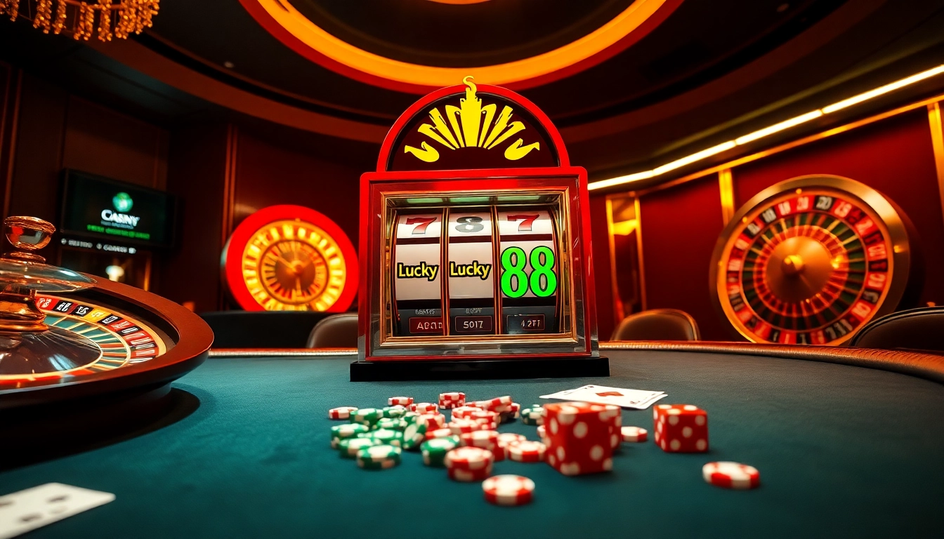 Experience the thrill of playing Lucky88 at an elegant casino with vibrant slot machines and casino tables.