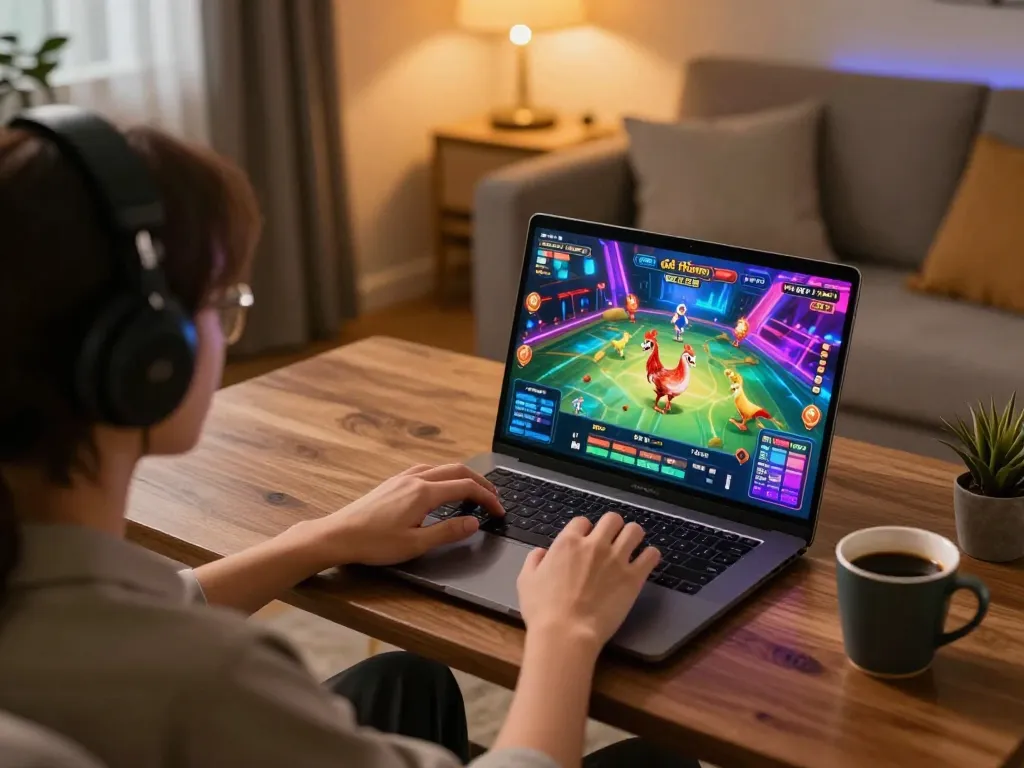 Trải nghiệm đá gà thomo HD trực tuyến với một thiết lập chơi game thoải mái, laptop hiển thị những trận đấu hấp dẫn.