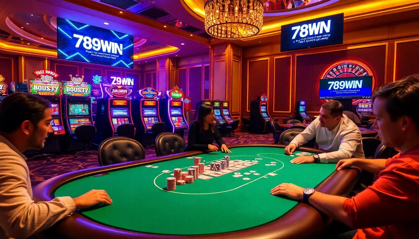 Engaging poker game at 789WIN casino, showcasing excitement with bright poker chips and cards.