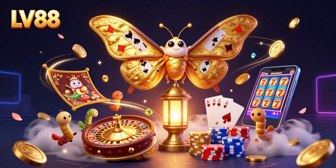 Experience the excitement of LV88 casino with vibrant golden coins and a majestic moth illustration.