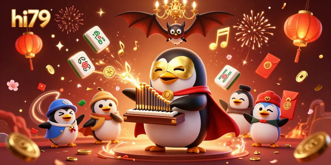 Engage in thrilling gameplay at hi79 with a vibrant casino scene featuring animated characters and festive elements.