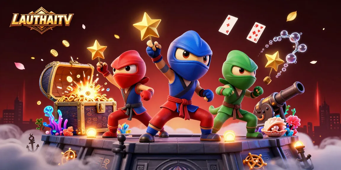 Experience LAUTHAITV's vibrant gaming adventure with colorful characters in a rich casino scene.