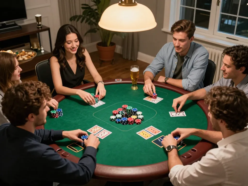 bayvip players enjoying Texas Hold'em home game night with vibrant atmosphere and snacks