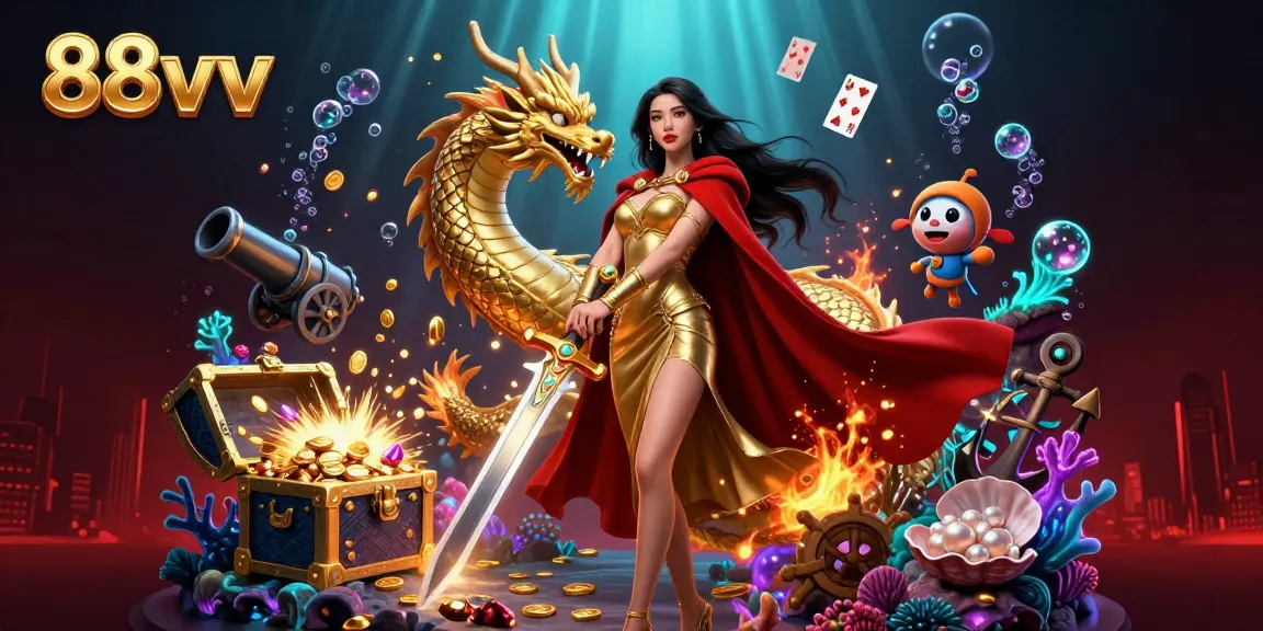 Experience the excitement at 88vv with stunning 3D illustration of a warrior queen, gold coins, and vibrant casino elements.