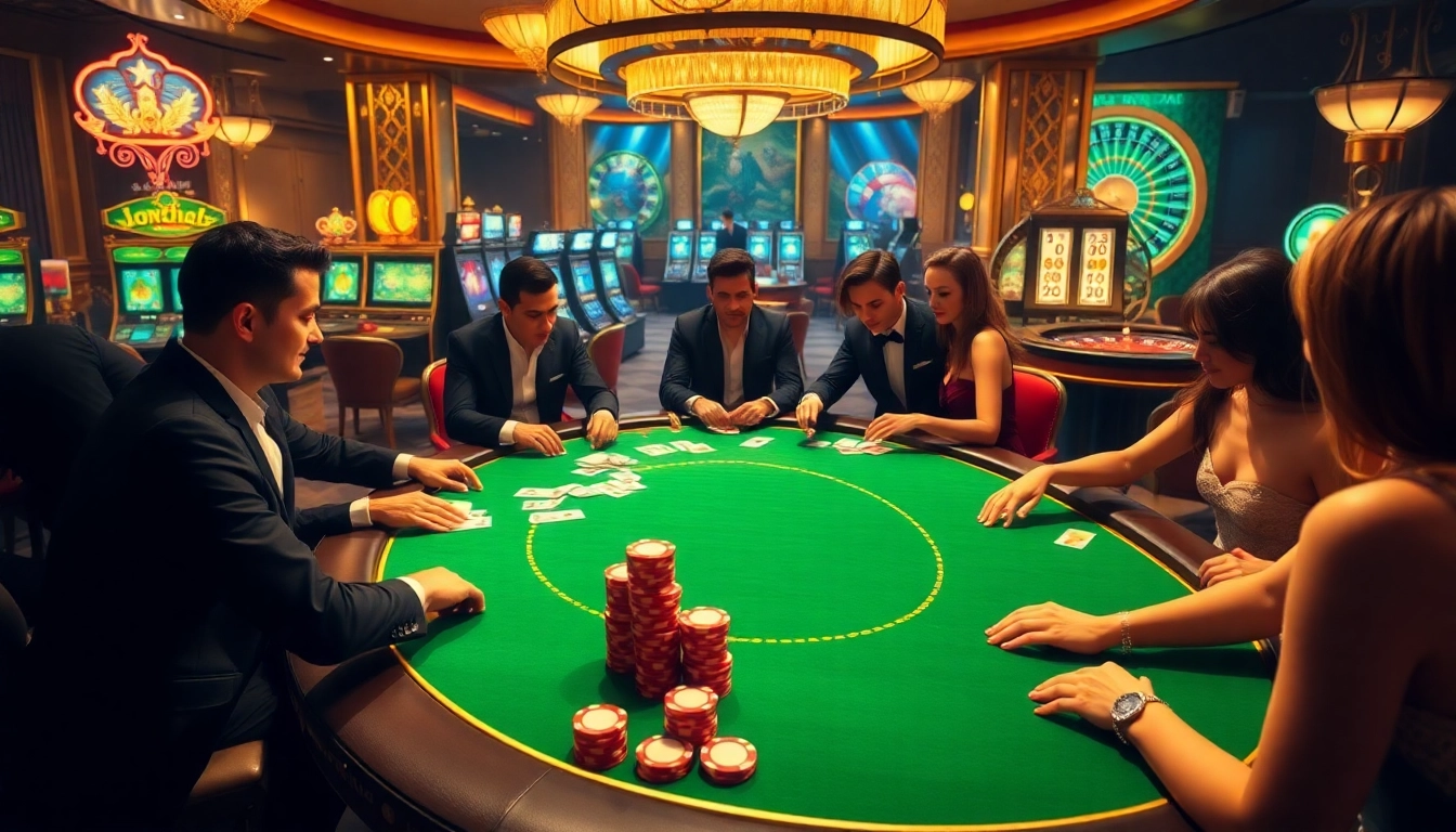 A vibrant poker scene with excited players at a table, showcasing https://bem88.com gambling action.