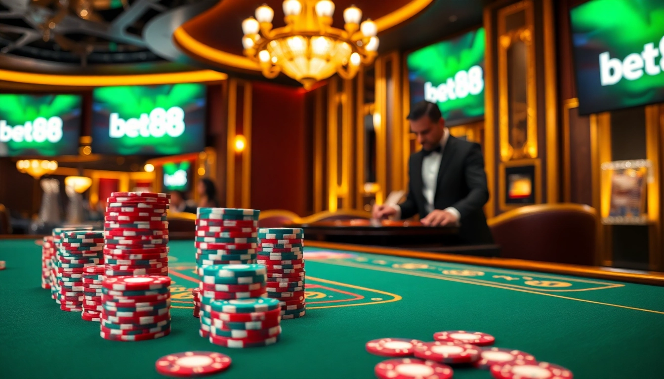 Experience the thrill of Bet88 with vibrant poker chips and a professional dealer at a luxury casino.