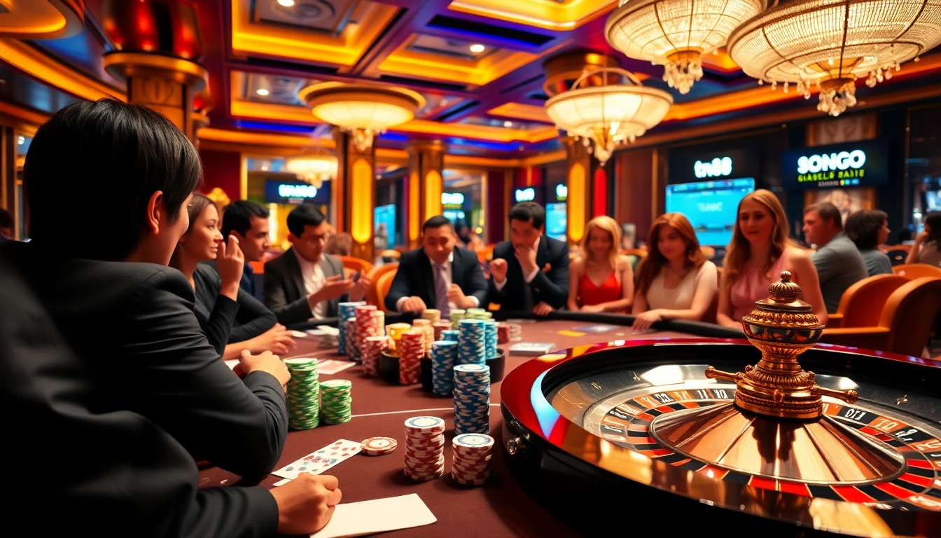 Players engaging in a high-stakes poker game at tr88 casino with vibrant chips and cards.
