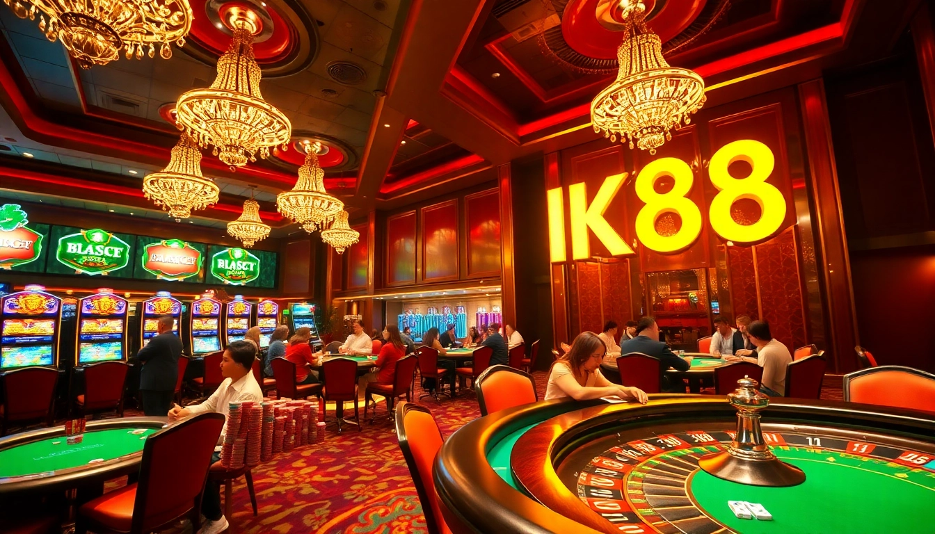 Experience the excitement of NK88 with players enjoying casino games and vibrant slot machines.