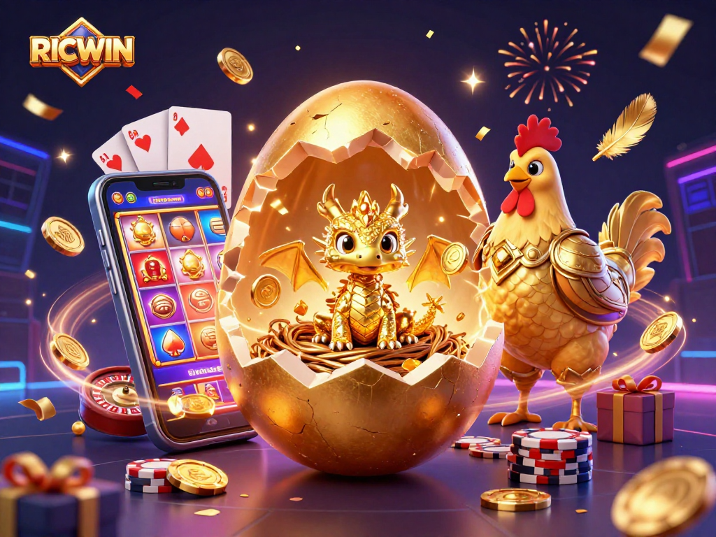Experience RICWIN with a golden dragon and smartphone, amidst confetti and casino elements.